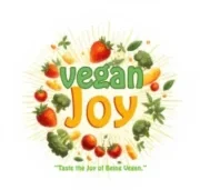 Vegan Joy logo with colorful fruits and vegetables surrounding the text.